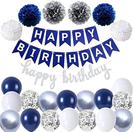 Blauw-witte verjaardagsslinger set met ballonnen en pompons