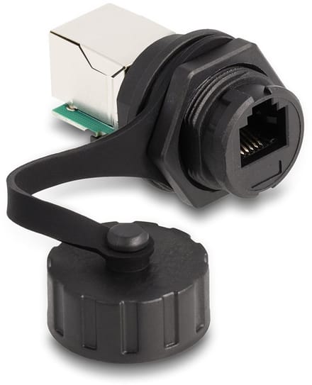Delock Cable Connector RJ12 jack to RJ12 jack for installation with protective cap IP68 dust and waterproof black