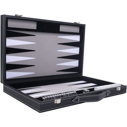 Backgammon 18 inch - Grijs, Zwart & Wit Ingelegd Bord - Luxe Zwarte Koffer met Handvat - Engelhart