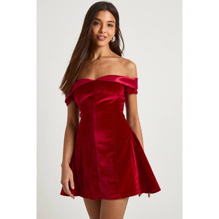boohoo Dames Fluwelen Bardot Rok Mini Jurk | Rood | Maat: 46
