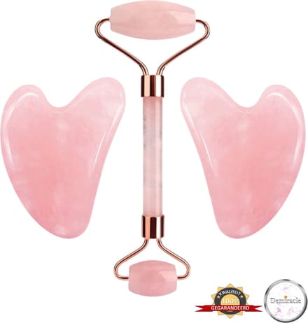 Demiracle® Face Roller & Gua Sha Schrapers – 2 Stuks – Rose Quartz – Face Rollers – Gezichtsmassage – Massagetools – Massage - Ontspanning – Kwaliteit