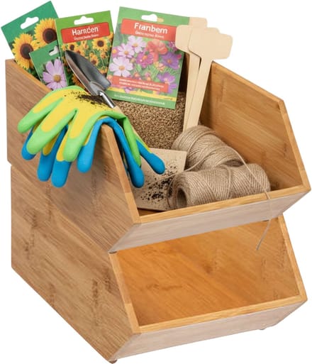 Home & Styling Stapelbare opbergmand - 2x - 18 x 31 x 12 cm - bamboe hout - lichtbruin - open organizer