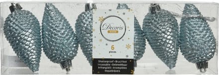 Decoris Kersthangers dennenappels - 6x - lichtblauw - glitter - 8 cm - kunststof - kerstversiering