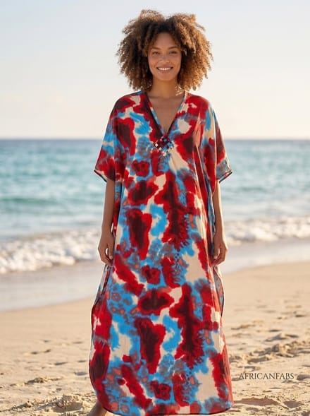 Boho rayon kaftan jurk - Rood Blauw Sunset Tide - Strand Cover Up Caftan Maxi Jurk
