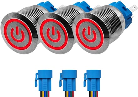 ProRide Drukschakelaar ON-OFF 12V/24V - 19mm Metaal - Waterdicht - LED Rood - Met Kabels - 3 stuks