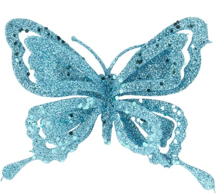Kerstboomversiering Vlinder - 14 cm - blauw glitter - op clip - ornament