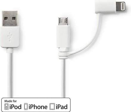 Nedis 2-in-1-Kabel - USB 2.0 - USB-A Male - Apple Lightning 8-Pins / USB Micro-B Male - 480 Mbps - 1.00 m - Vernikkeld - Rond - PVC - Wit - Polybag