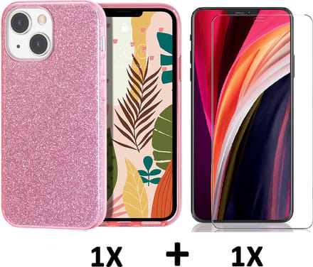 HB Hoesje Geschikt voor Apple iPhone 13 Mini - Roze / Glazen Screenprotector - Glitter Back Cover