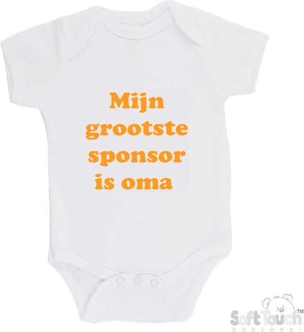 100% katoenen Romper "Mijn grootste sponsor is oma" Unisex Katoen Wit/mosterd Maat 62/68