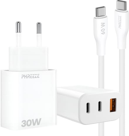 3 - Poorts snellader met usb C met usb A poorten - Incl. usb C naar usb C oplaadkabel 1m