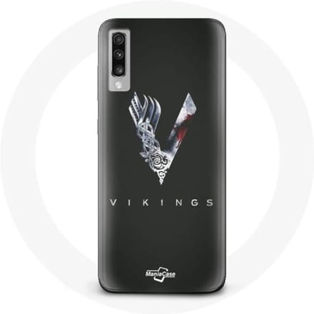Coque pour Samsung Galaxy A50 Vikings Série Saison 6 logo V Epée Gris Fond Noir