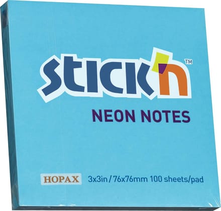 Stick'n sticky notes - 76x76mm, neon blauw, 100 memoblaadjes