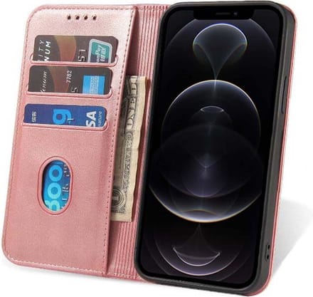 Smartphonica iPhone 12 Pro Max leren hoesje met magnetische sluiting - Roze geschikt voor iPhone 12 Pro Max
