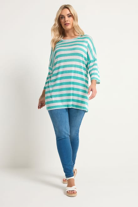 Yours Groene Gestreepte Metallic Tuniek Top Met Afhangende Schouders Size 48