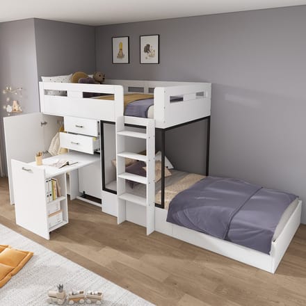 Stapelbed - 90x200 cm - Met Bureau en Garderobe - Inclusief Laden en Trap - Hout - Wit