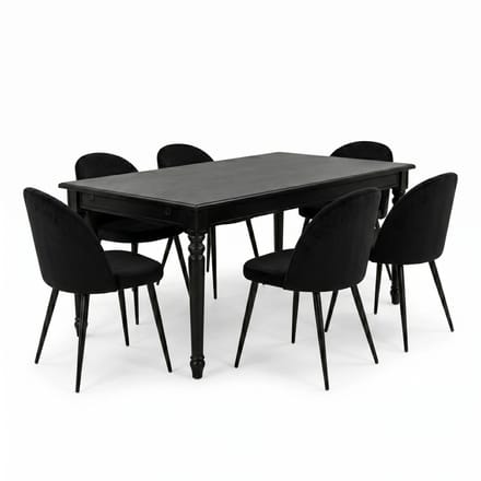 Amaretta eethoek tafel zwart 6 stoelen velours zwart.