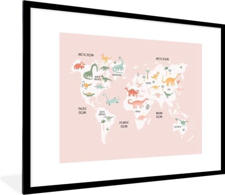 Wereldkaart - Kinderen - Dino - Schoolplaat - Kinderkamer - 80x60 cm