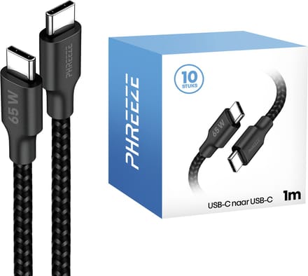 Usb C kabels 1m - Grootverpakking - 65w, 480mbps, nylon gevlochten, zwart - Phreeze