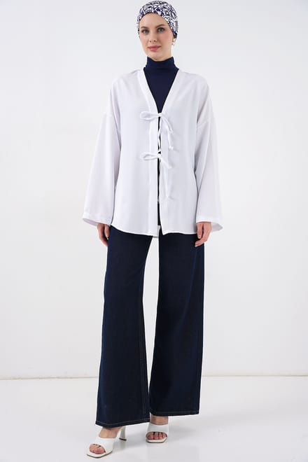 Linnenmix Lange Mouwen Kimono met Binding Detail