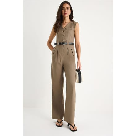 V-hals Wijde Pijpen Jumpsuit met Strikdetail