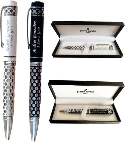 Gepersonaliseerde metalen balpen met gravering | 2 regels tekst | modern avant-garde design | zwart |
