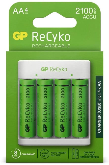 GP ReCyko Rechargeable USB-lader + 4x AA batterijen (2100mAh)