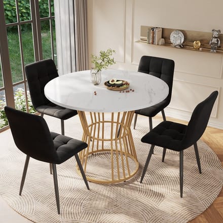 Wishdor Eettafel rond Ø100 cm, hoogte 75 cm van MDF en metaal, marmerpatroon, modern ontwerp