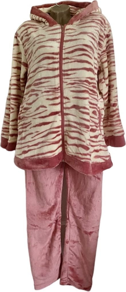 Dames fleece huispak/pyjama met zakken rits en capuchon S/M 36-38 roze wit