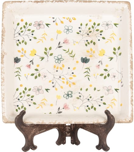 Clayre & Eef Onderbord 22x22x3 cm Beige Keramiek Bloemen