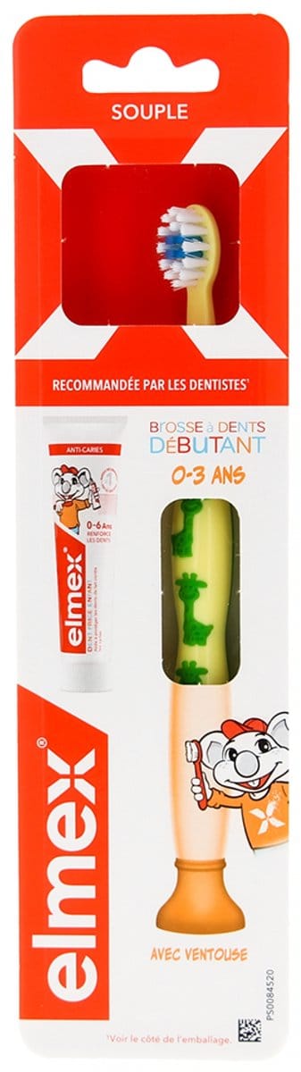 Brosses à dents-Elmex Débutant Brosse à Dents 0-3 Ans + Échantillon Tube 12 ml Dentifrice (Couleur : Jaune - Vert)