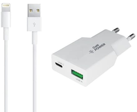 OneOne 30W Lader met USB A en C poort + 1,2m OneOne USB A naar Lightning kabel. USB C voor snelladen. PD PPS lader. GAN oplader adapter past op Apple iPhone 13, iPhone 13 Mini, iPhone 13 Pro, iPhone 13 Pro Max, iPhone SE, iPhone X