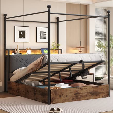 REDOM Bedframe 140x190 cm – Met afneembare baldakijn, LED & USB-C – Metaal – Zwart – Smart bed