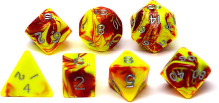 HOT Games dobbelstenen set geel rood - 7 stuks kunststof.