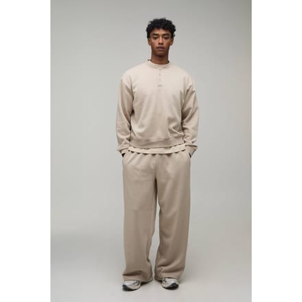 Oversized Boxy Henley Sweatshirt En Wijde Pijpen Joggingbroek | Stone | Size Medium