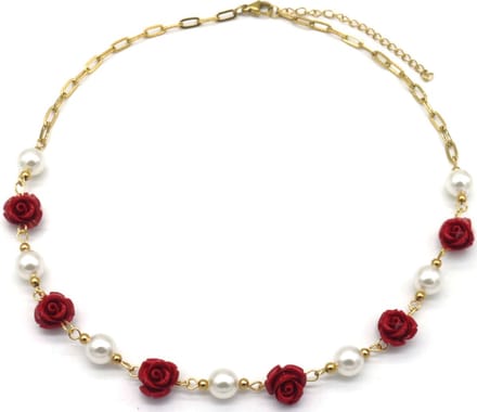 Ketting met Parels en Rozen - RVS - Lengte 39-44 cm - Goudkleurig