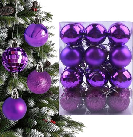Set van 24 paarse kerstballen van 4 cm, herbruikbare plastic versiering voor feestdagen, 4 verschillende stijlen