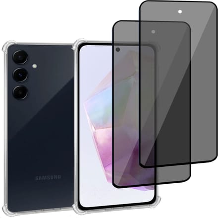 Hoesje + 2x Privé Screenprotector geschikt voor Samsung Galaxy A35 – Privacy Tempered Glass - Case Transparant