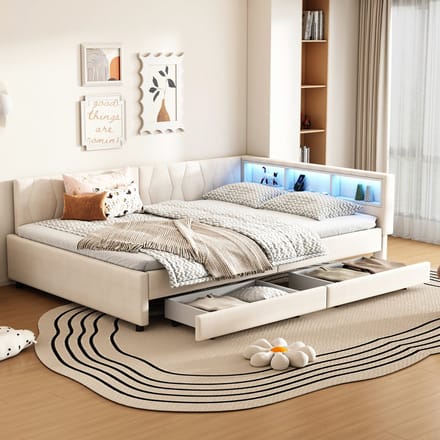 REDOM Bedbank – 140x200 cm – Met LED-licht, USB/Type-C & 2 lades – Linnen & MDF – Beige
