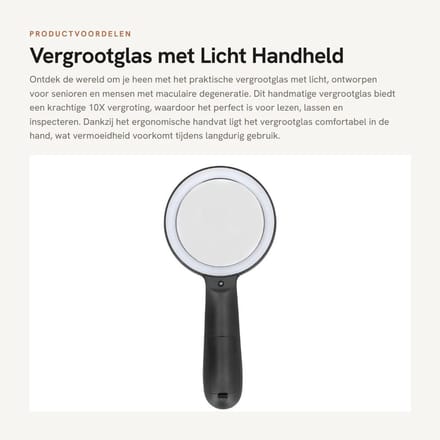 Dailygoods - Vergrootglas met Licht - Handheld Vergrootglas 10X - Ergonomisch Ontwerp - Grote Leesvergrootglas - Geschikt voor Senioren - Ideaal voor...