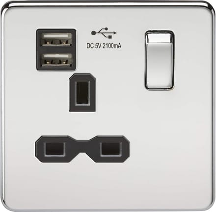 Schroefloos Stopcontact met Dubbele USB Oplader - Gepolijst Chroom Zwart