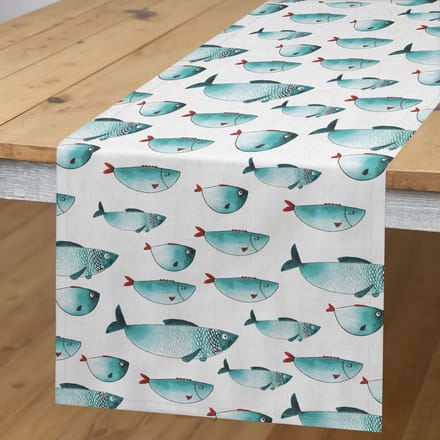 ABAKUHAUS tafelrunner turkoois/wit – rechthoekig, 40x180 cm, 100% polyester, met de hand genaaid