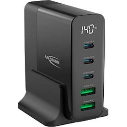 Ansmann Desktop Charger multilader, 140 W, GaN-technologie, voor maximaal 5 apparaten, 2 x USB-A en 3 x USB-C, display, zwart