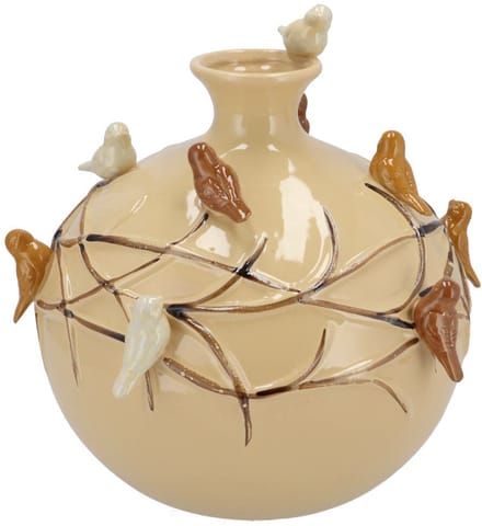 DK Design Vaas Spring birds - zandkleurig - keramiek - D14 x H14 cm - bloemenvaas