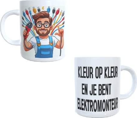 Koffie beker - thee mok tekst kleur op kleur en je bent elektromonteur - afbeelding monteur