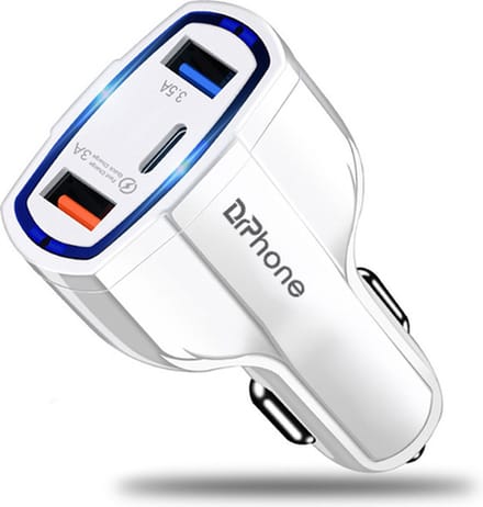 DrPhone QC4 Pro - 3 Poort Autolader - USB Qualcom 3.0 + USB 3.5A & USB-C - Krachtige Lader - Geschikt voor Tablets / Smartphones – Wit