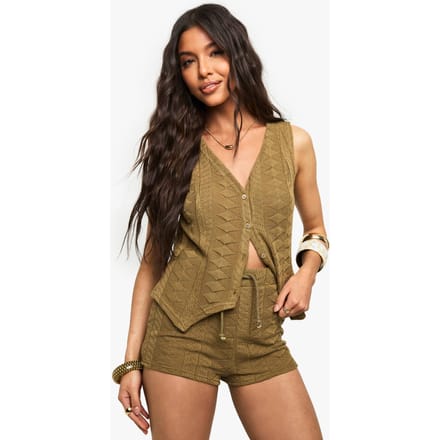 boohoo Dames Mix en match: gehaakte, getextureerde short met patroon | Khaki | Maat: 12