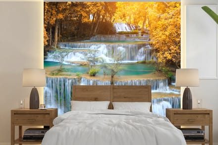 Behang - Fotobehang Waterval - Herfst - Bomen - Bruin - Water - Breedte 280 cm x hoogte 280 cm