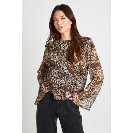 boohoo Dames Leopard chiffon blouse met uitlopende mouwen | Brown | Maat: 6