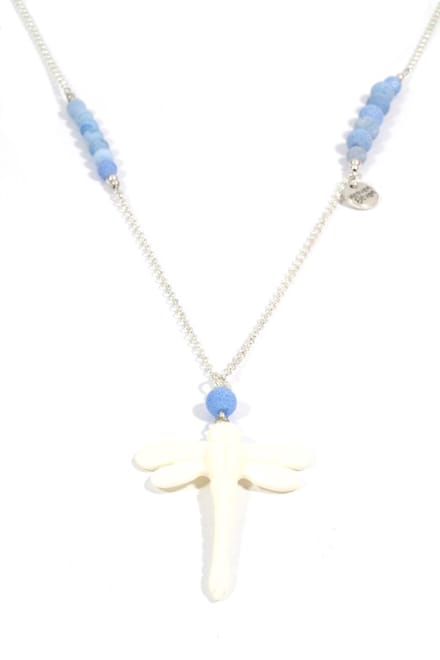 Heaven Eleven dames Ketting zilver plating - blauw sky kralen - wit hertegewei libel