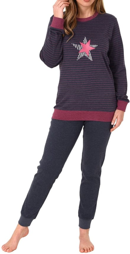 Knuffel interlock damespyjama met lange mouwen, manchetten en stermotief - ook in oversize